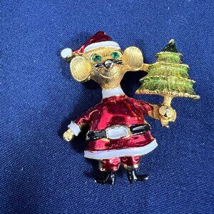 Vintage Christmas Mouse Brooch With Tree Signed LJ Gold-Tone & Red Enamel Holida